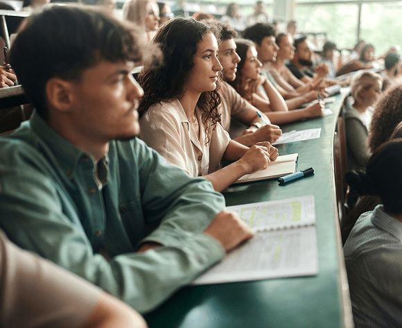 Students attentively listening in a lecture hall.
