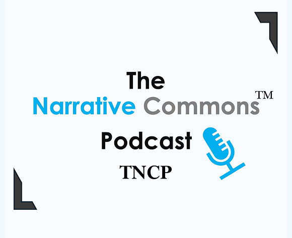 Logo for The Narrative Commons Podcast featuring text and a microphone icon.