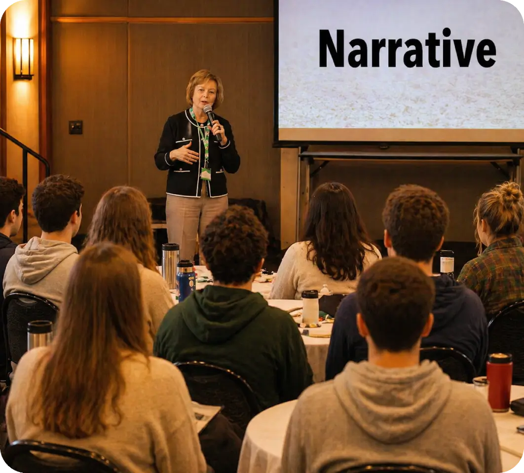Speaker presenting narrative concepts to an audience in a lecture hall.